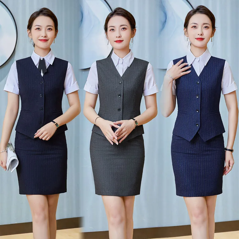 

Summer Short-Sleeved Commuter Striped Wool Vest Hotel Uniforms Value Three-Piece Waiter Workwear