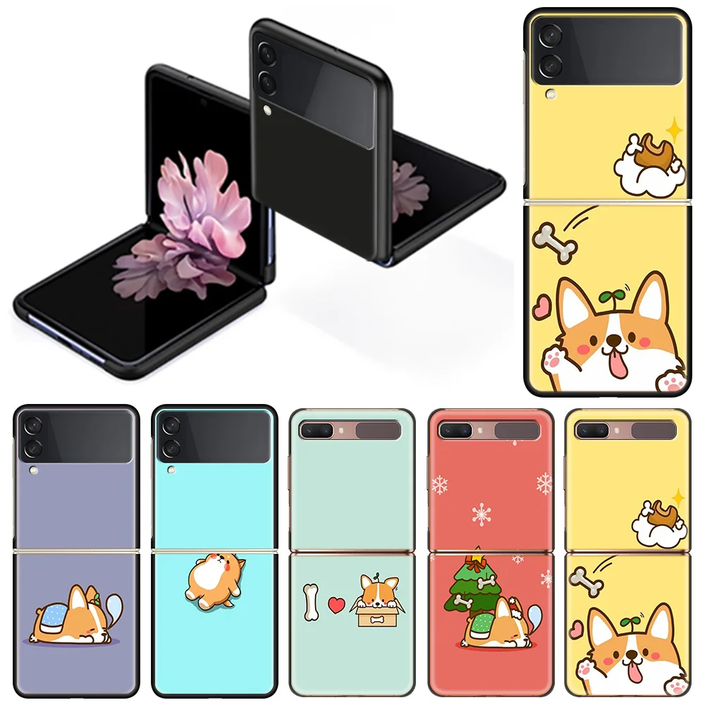 

Cute Case for Samsung Galaxy Z Flip3 5G Flip 4G Shockproof Capa Animal Corgi Dog 6.7 Inches Black Hard PC ZFlip 3 Phone Cover