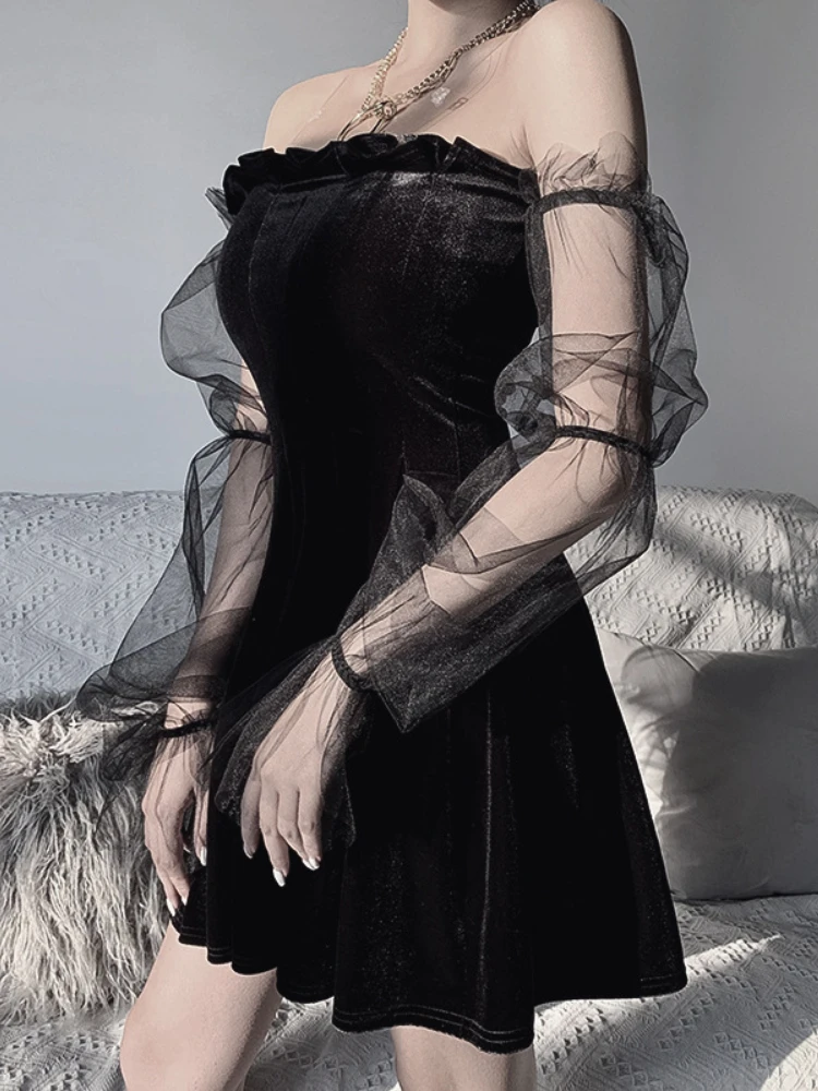 

Прозрачная сетчатая плиссированная юбка с рукавами-фонариками, готическое темное сексуальное облегающее платье с завышенной талией, винта...