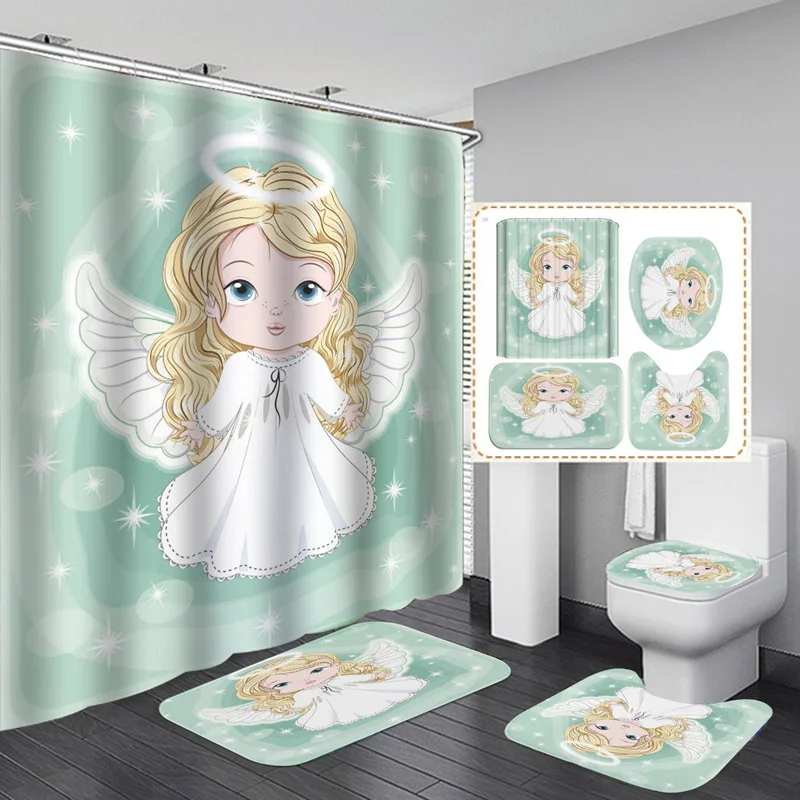 

3D Print Cartoon Wing Bath Curtain Bath Mat Set Polyester Toilet Rugs Carpets Home Decor Waterproof Shower Curtains With Hooks