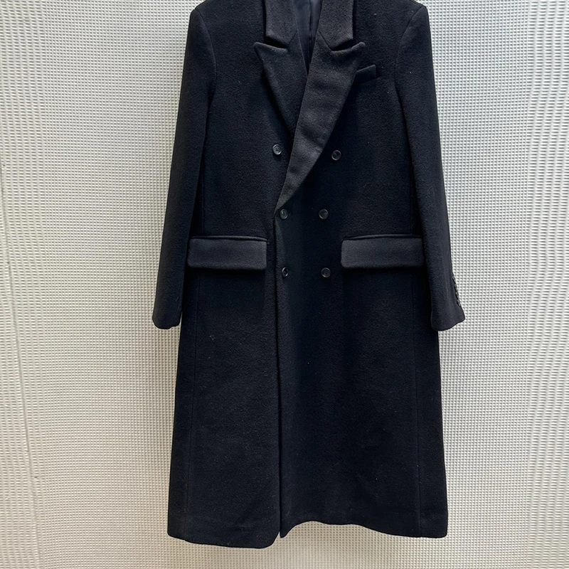

Женское шерстяное пальто, черное свободное двубортное пальто с отложным воротником, однотонная одежда, осень-зима 23