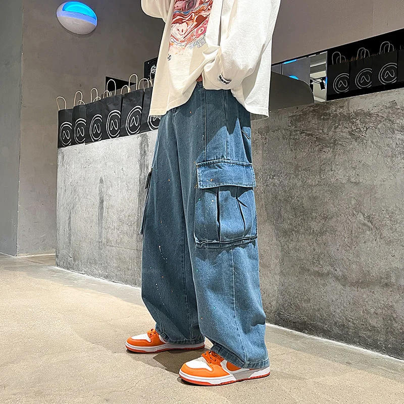 

Blue/Gray/Black Pocket Jeans Men Fashion Casual Wide Leg Jeans Men Streetwear Loose Hip Hop Straight Denim Pants Mens M-5XL