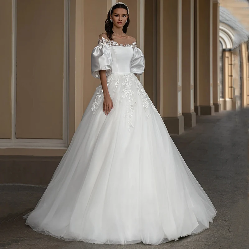 

Strapless Appliques Lace With Jacket Half Sleeve Pleats Button Tulle A-Line Wedding Dress Bridal Gown Vestido De Noiva