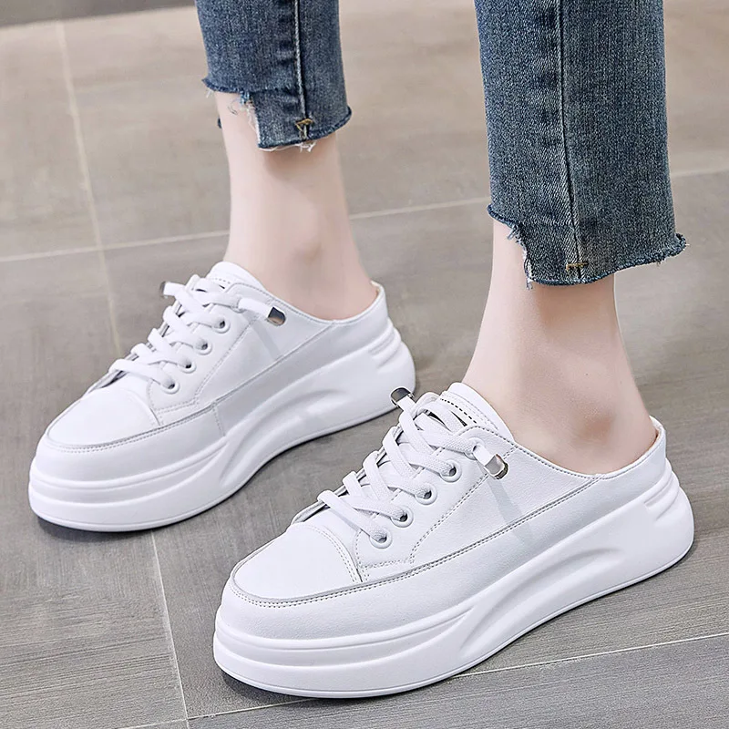 

Women Flat Platform Mules Shoes Spring Lady Genuine Leather Single Shoes Casual White Sneakers Summer Slippers