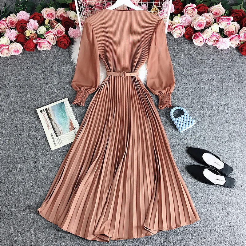 2022Summer Women Casual Dress Pleated Skirt Thin Waist Elegant Light Mature Style New French Casual Chiffon Polyester Mid-Calf
