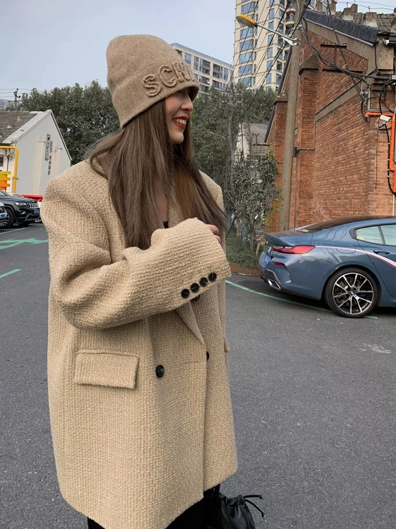 

Кашемировый пиджак цвета хаки, элегантный свободный приталенный модный двубортный женский костюм с длинными рукавами, Новинка осени и зимы 2023