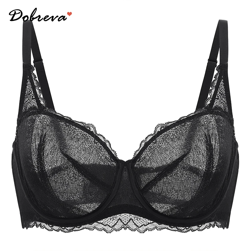 DOBREVA Women's Sexy Balconette Lace Bra See through Minimizer Bras Unlined Underwire Plus Size