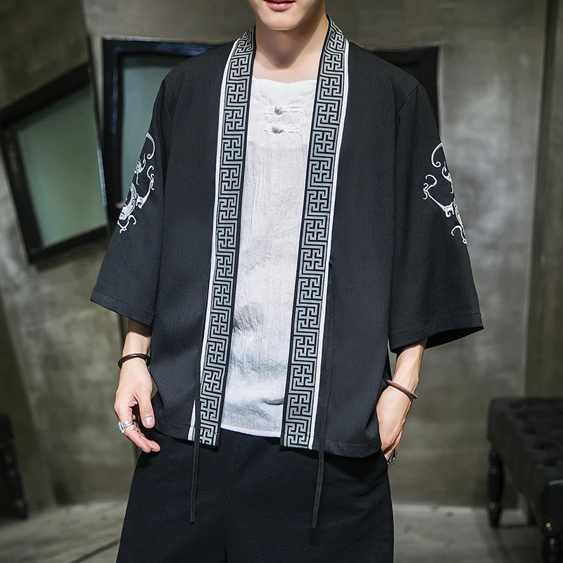 

Chinese Style Men's Hanfu Round Dragon Embroidery Japanese Kimono Cardigan Jacket Ancient Style Ukiyo-e Ancient Style Robe