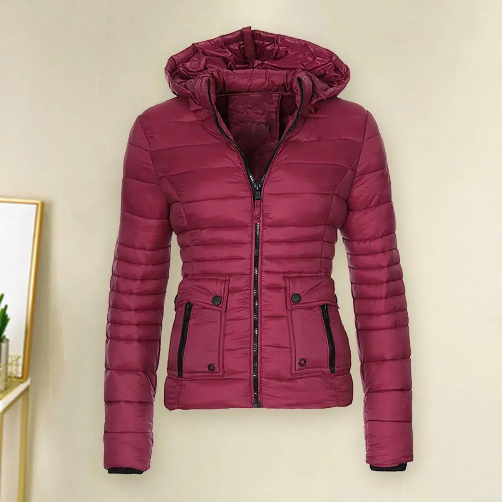 Dropshipping!Women Coat Hooded Stand Collar Long Sleeve Zipper Pockets Winter Coat Thickened Cotton Padded Jacket Short Overcoat