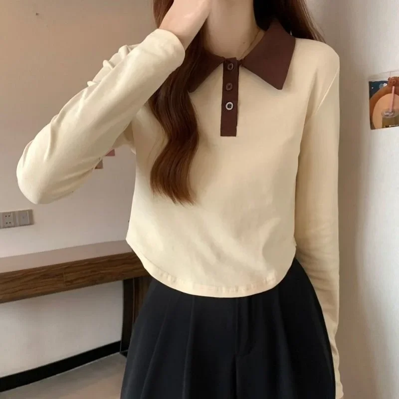 Women's Polo Collar Slimming Inner T-Shirt Long Sleeve Base Layer Top Niche Cropped Design Sensibility For Autumn