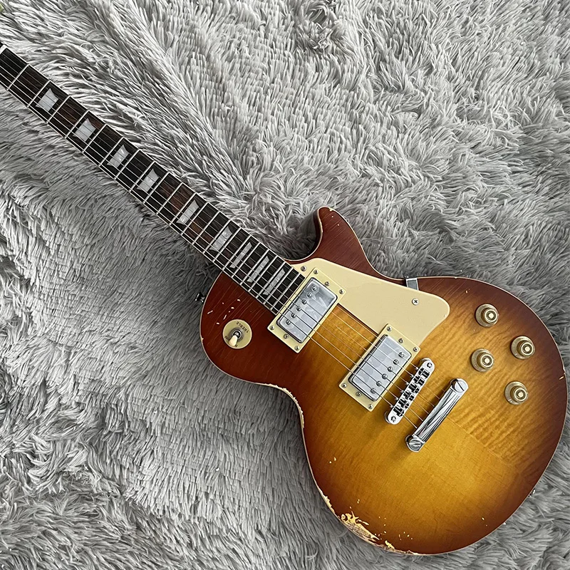 

6 String Aged Relic LP Electric Guitar Abr Bridge Yellow Color Flamed Maple Veneer Chrome Hardware HH Pickup Mahogany Body