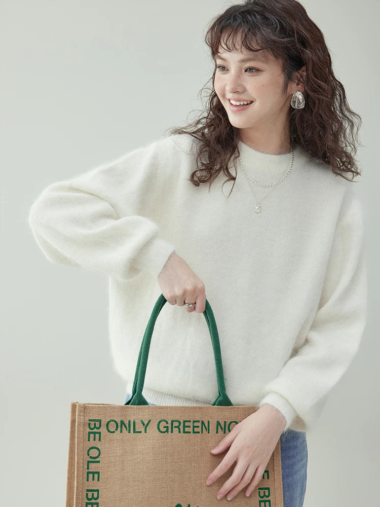 &quotNorth Island Amuu&quot Синий кроличий мех с круглым вырезом Свободный свитер длинными