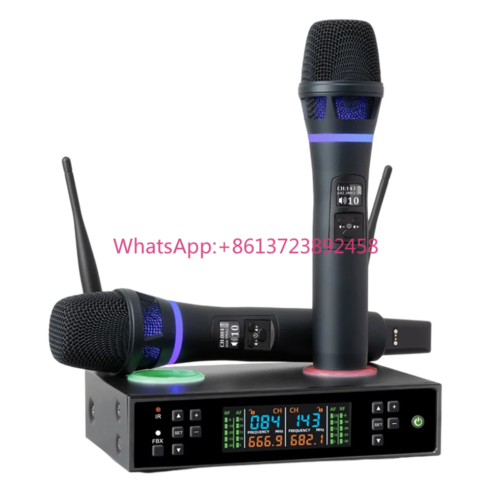 Фото Профессиональная беспроводная UHF-система караоке-микрофонов с подавлением обратной связи FBX, USB-зарядкой и функцией перезаряжаемости №1