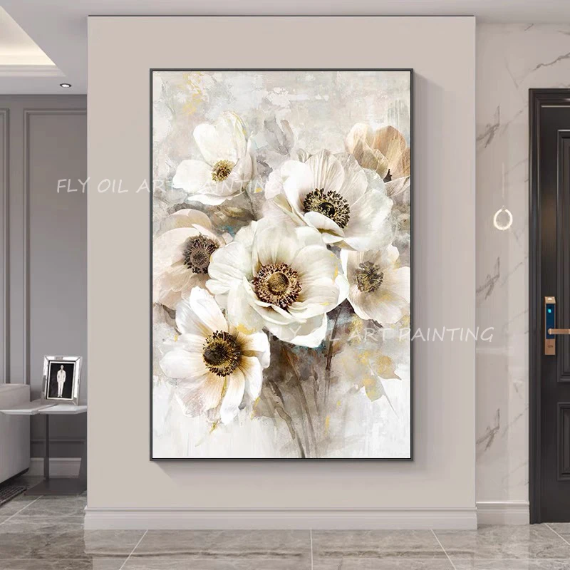 Картина маслом на стену абстрактная картина с изображением белых цветов ручная