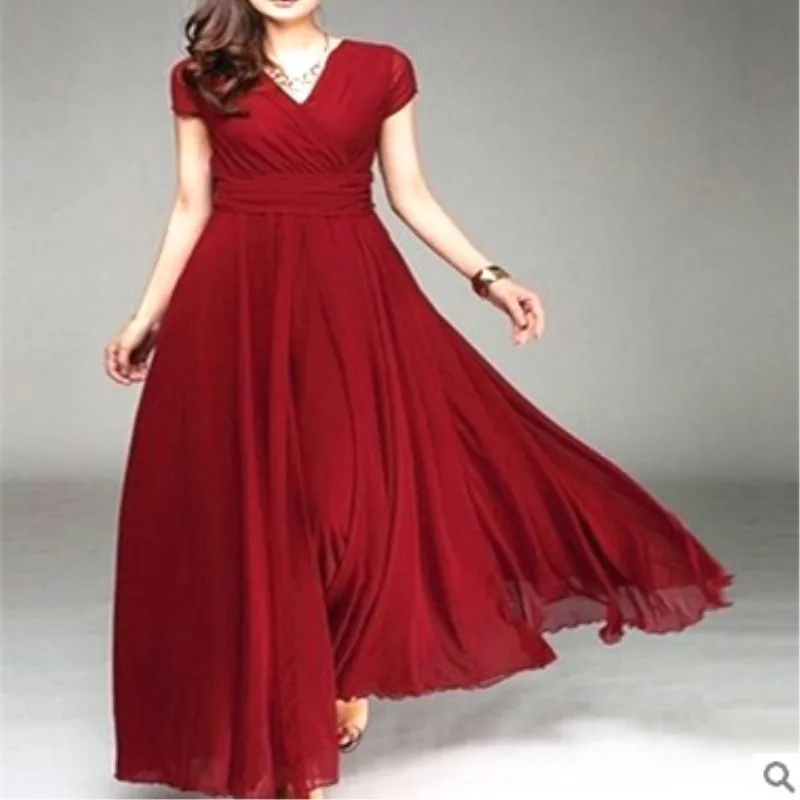 2023 New in Women Elegant Chiffon Long Evening Dress Sexy Deep V-neck Short Sleeve Bridesmaid Dresses Slim Waist Plus Size 5XL