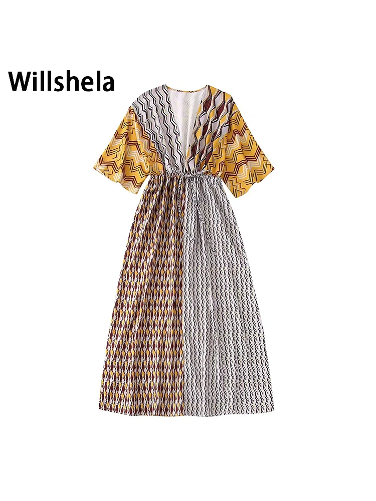 

Willshela женское модное плиссированное платье миди со шнуровкой и эластичной резинкой на талии, винтажное платье с v-образным вырезом и коротки...