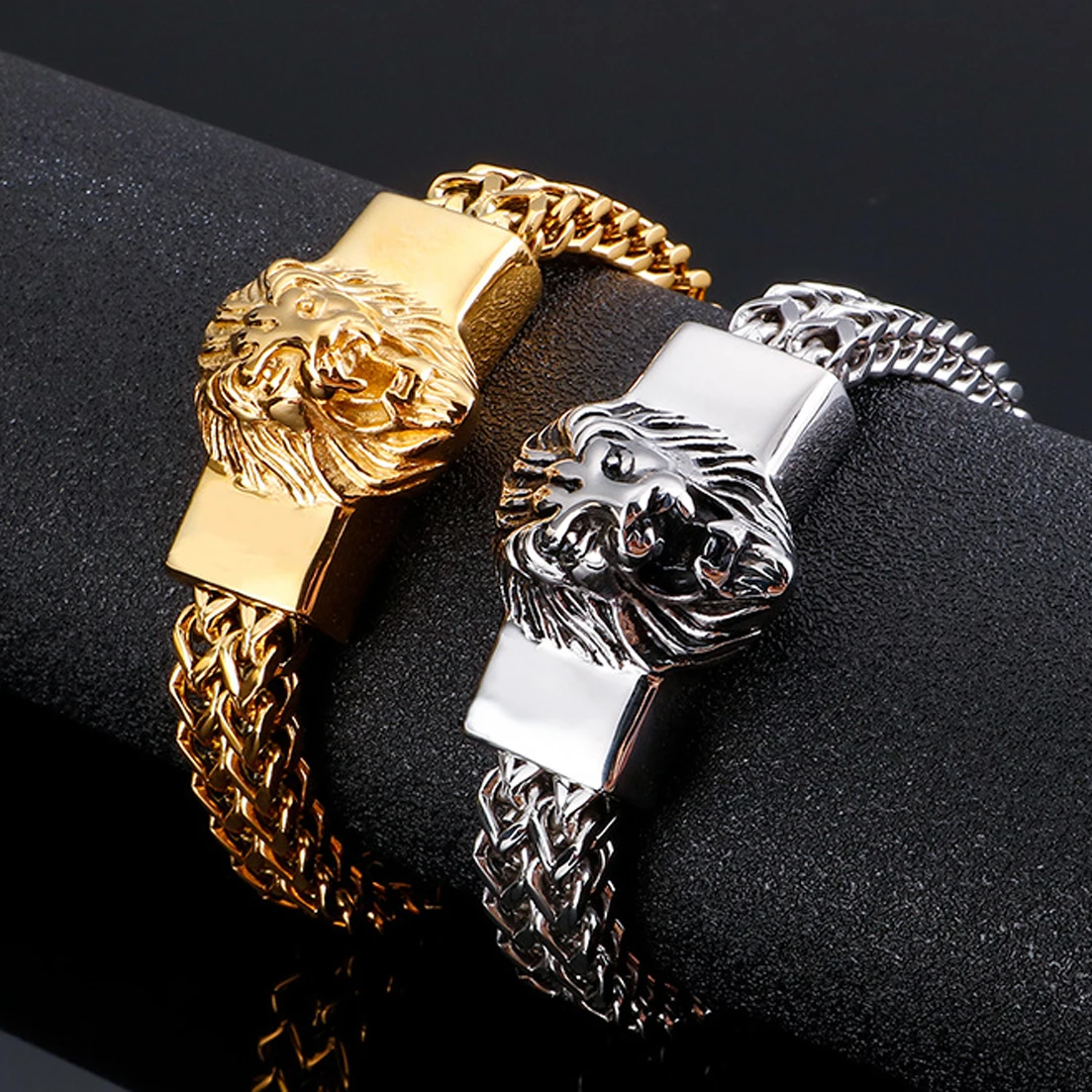 

New Charm Silver Color/Gold Color Stainless Steel Figaro Chain Lion Head Bracelet Bangle Fashion Jewelry For Men Women 12mm Wide