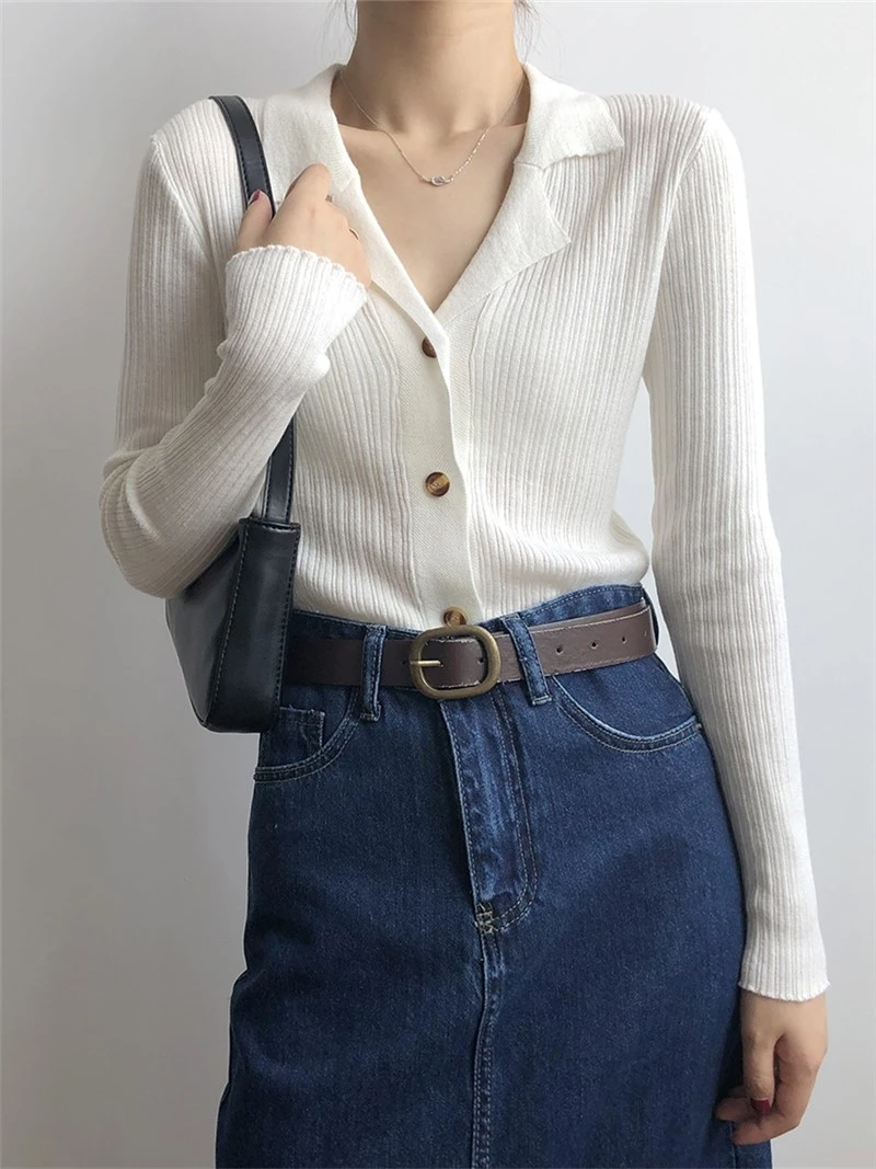 

Autumn Fashion Sweet Single-breasted Plain Tailored Collar Long Sleeve Knitted Cardigan Women OL Ladies Chic Knitwear Vintage