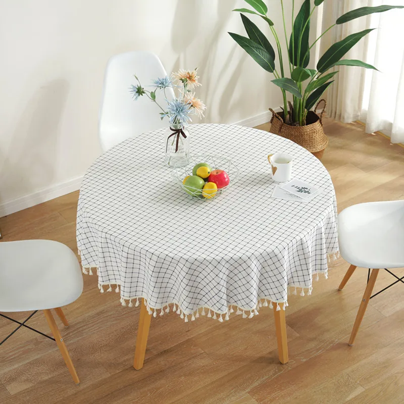 

Cotton Linen Blue White Plaid Prints with Tassel Round Tablecloth Coffee Table Cover Tea Table Round Tablecloth Picnic Mat