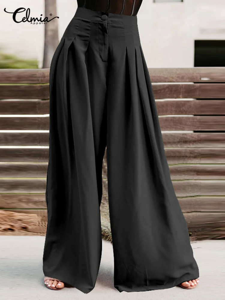 

Women Elegant High Waist Pants Celmia 2022 Fashion Lady OL Pressed Pleats Long Trousers Casual Loose Solid Color Pantalons Mujer