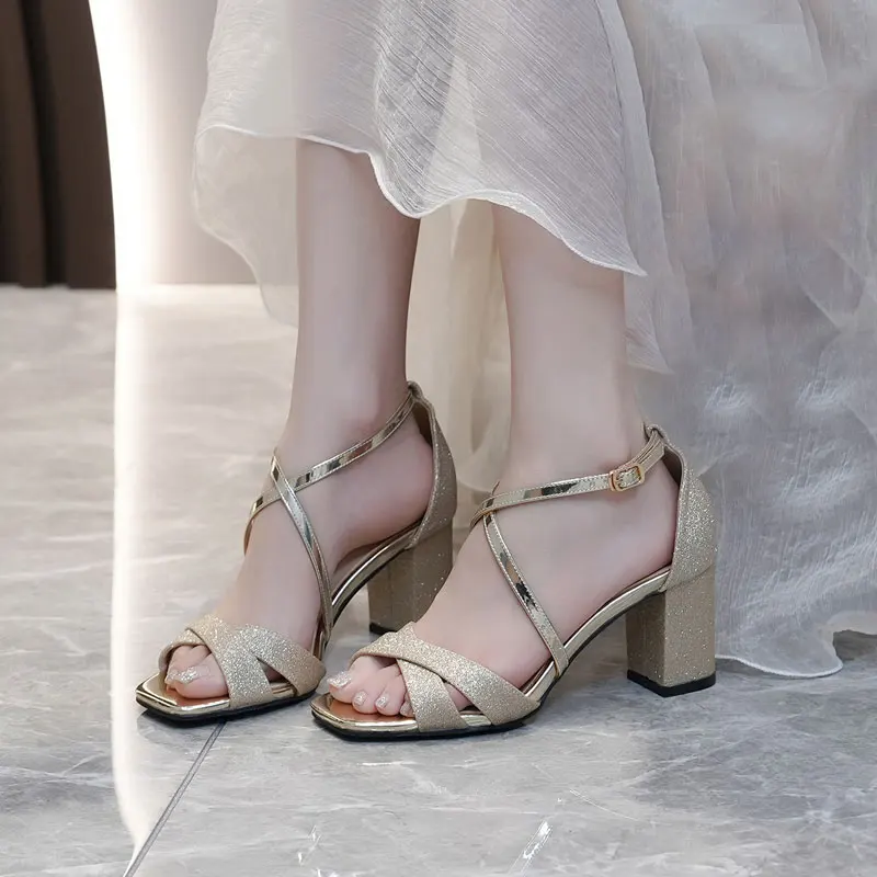 VIOCNE Square Heel Shoes Woman Sandals Pointed Toes Cross-buckle Rhinestone Decoration Women