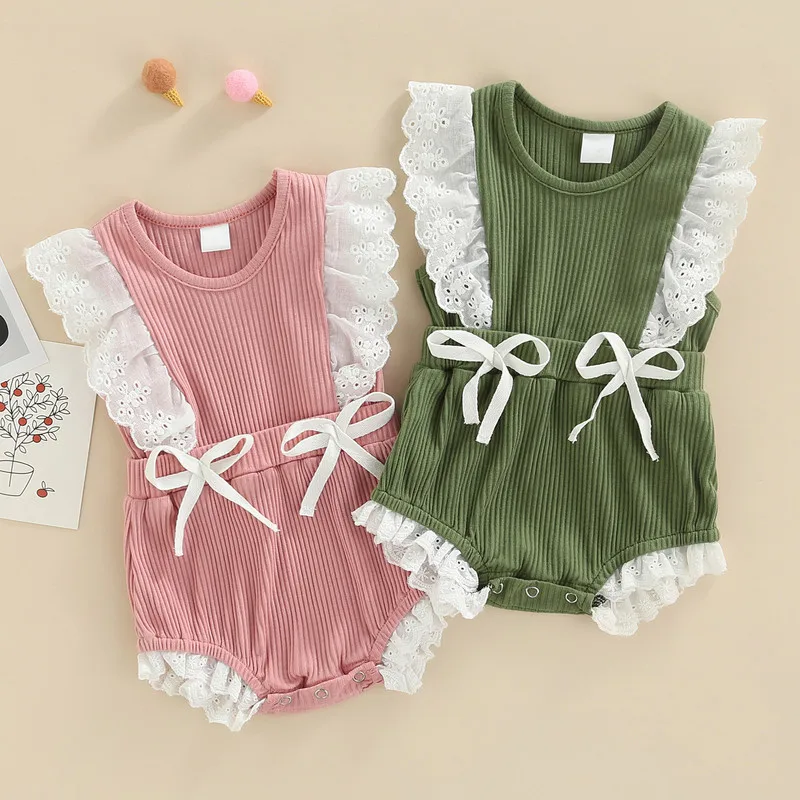 

Infant Baby Girls Casual Lace Bodysuits Summer 2022 Floral Lace Patchwork Ribbed Sleeveless Knitted Bodysuit