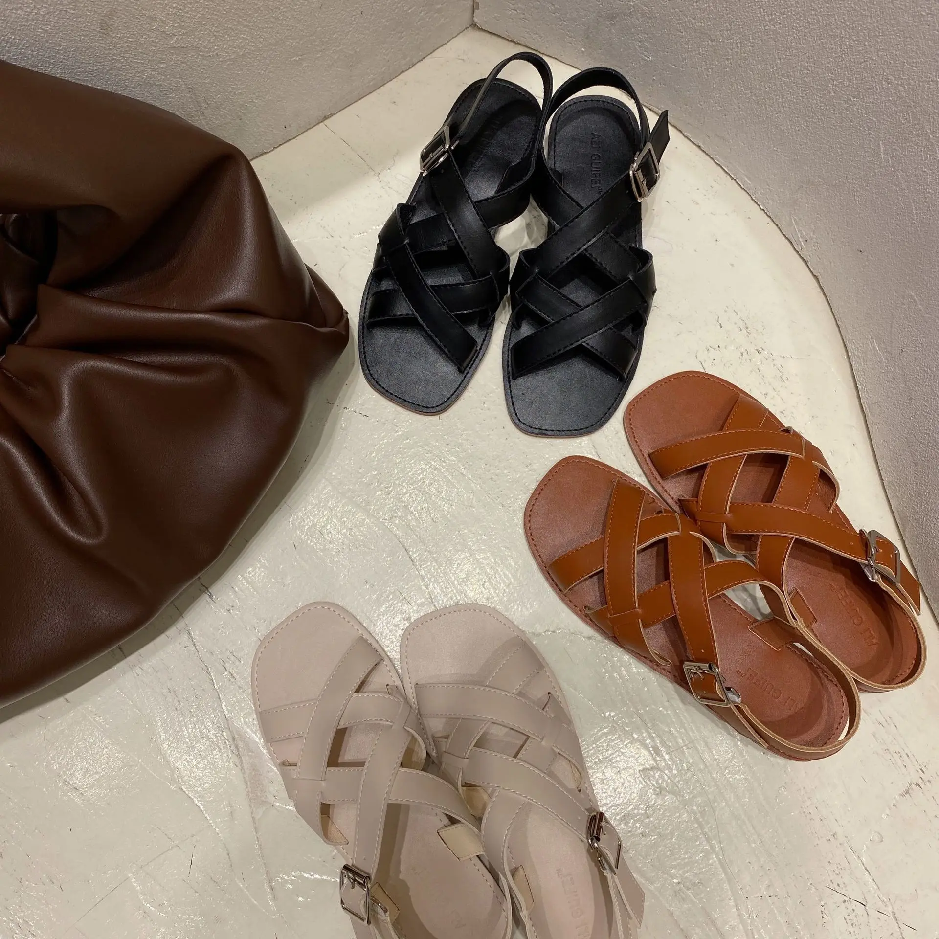 

Flat Sandal Shoe Open Toe Cross 2022 Summer Buckle Strap Suit Female Beige Women's Heels Without Comfort Peep Square Low Black G
