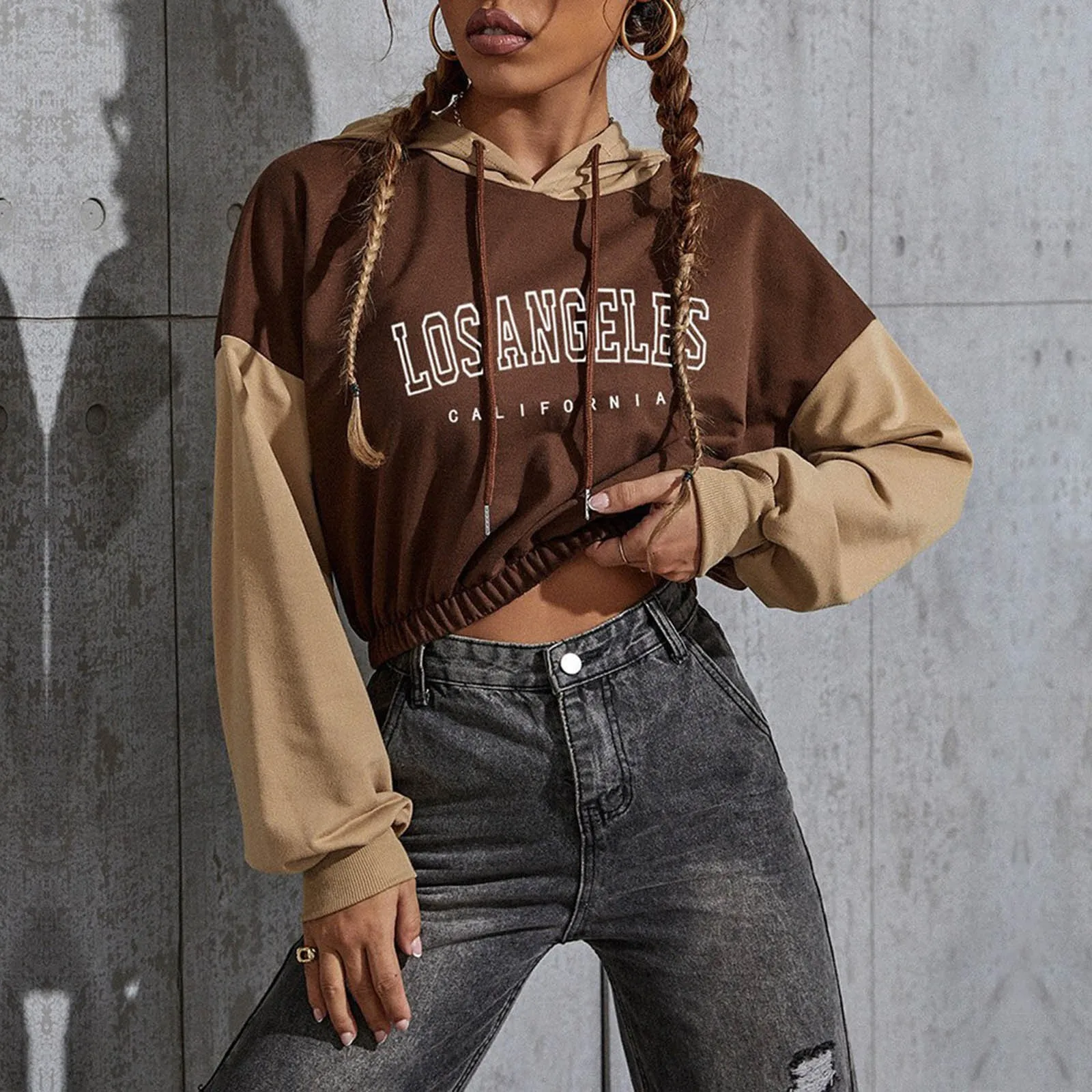 Women’s Streetwear Crop Hoodie Los Angeles Print Colorblock Hooded Clothes Long-sleeved Short Sweatshirt Pullover Casual Hoodies