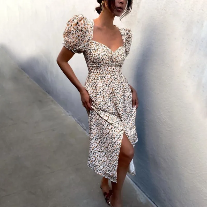 

Женское платье с коротким рукавом, V-образным вырезом и разрезом