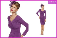 newest purple fashion mother v neck with long sleeve knee length pleat chiffon mother of the bride dresses we 16