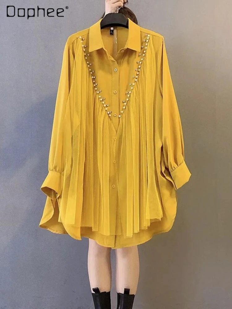

Woman Oversized Beaded Yellow Blouse 2022 Spring New Women Mid-length Shirt Loose Solid Button Polo Collar Long Sleeve Clothing