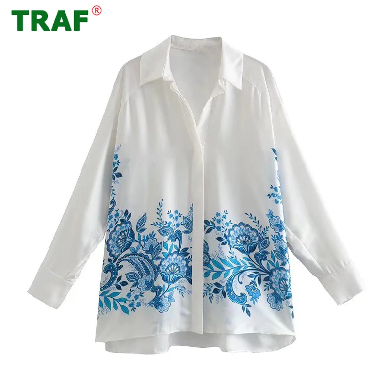 

TRAF Print Oversized Shirt Women White Button Up Shirts Woman Summer Flowing Loose Blouses Women Long Sleeve Collared Top Female