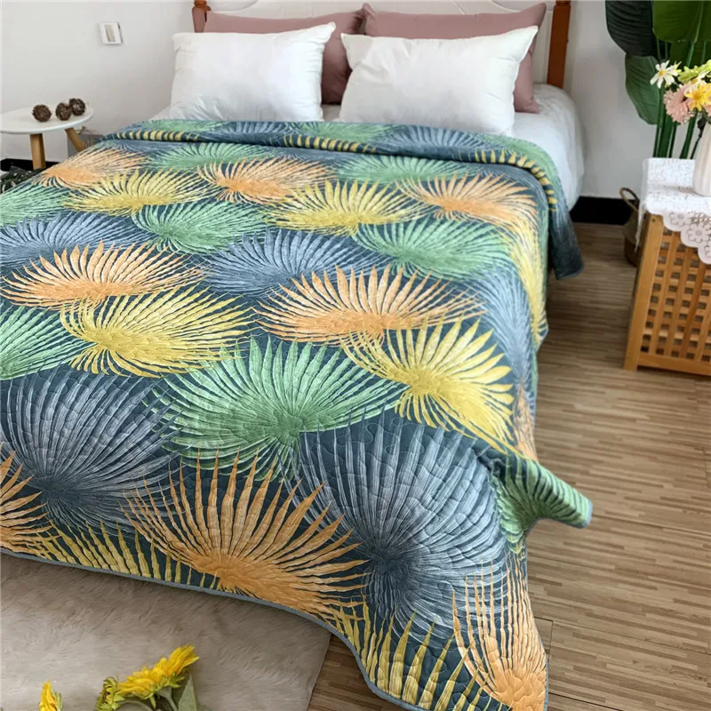 Home Quilted Bedspread for Bed Leaves Printed Duvet Blanket Linen Quilt Coverlet Cubrecam Sofa Bed Cover Sheet Colcha 220x240cm