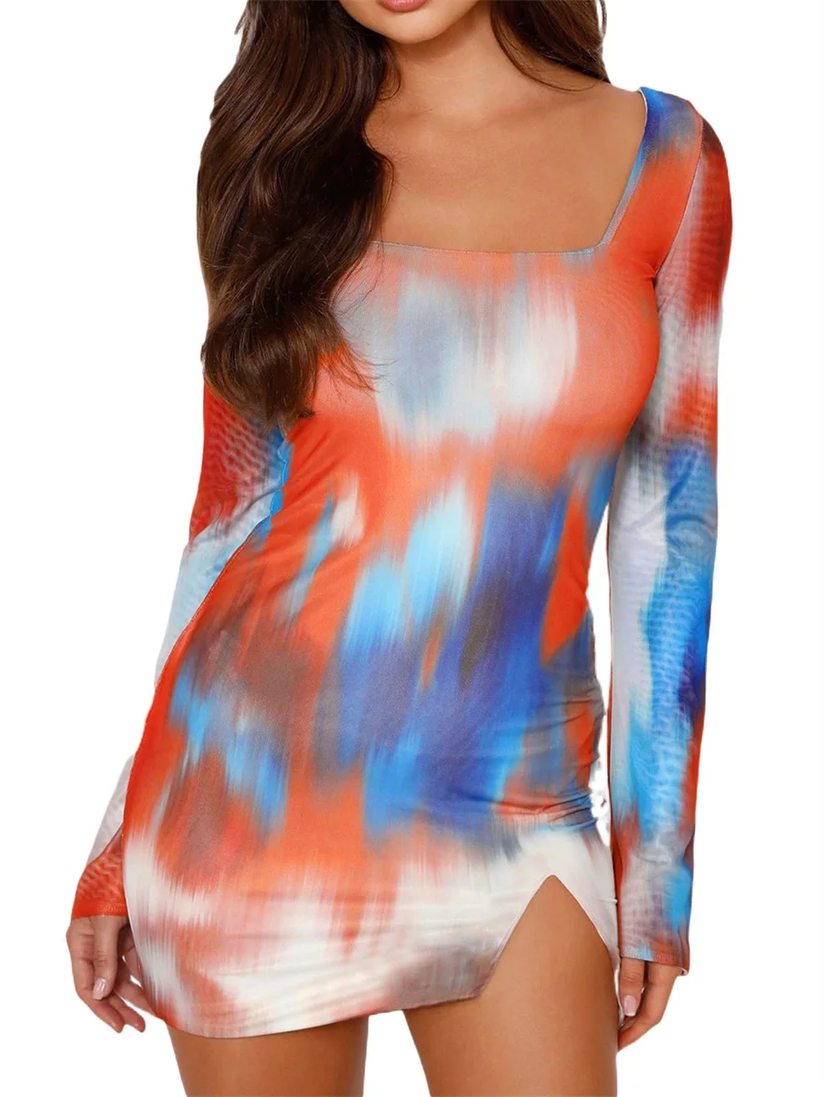 

Betrodi Women Y2k Tie Dye Bodycon Mini Dress Long Sleeve Backless Square Neck Cut out Split Slim Fit Club Party Vintage Dress