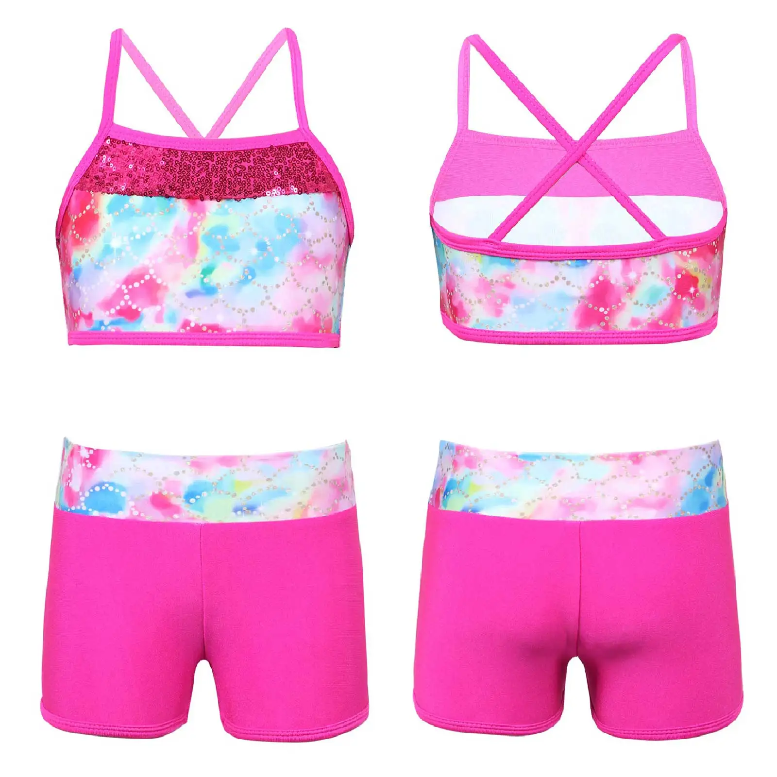 

YiZYiF Kids Girls Sports Outfits Sequins Ballet Dance Sets Gymnastics Jazz Dancewear Tank Top with Shorts for Stage Performance