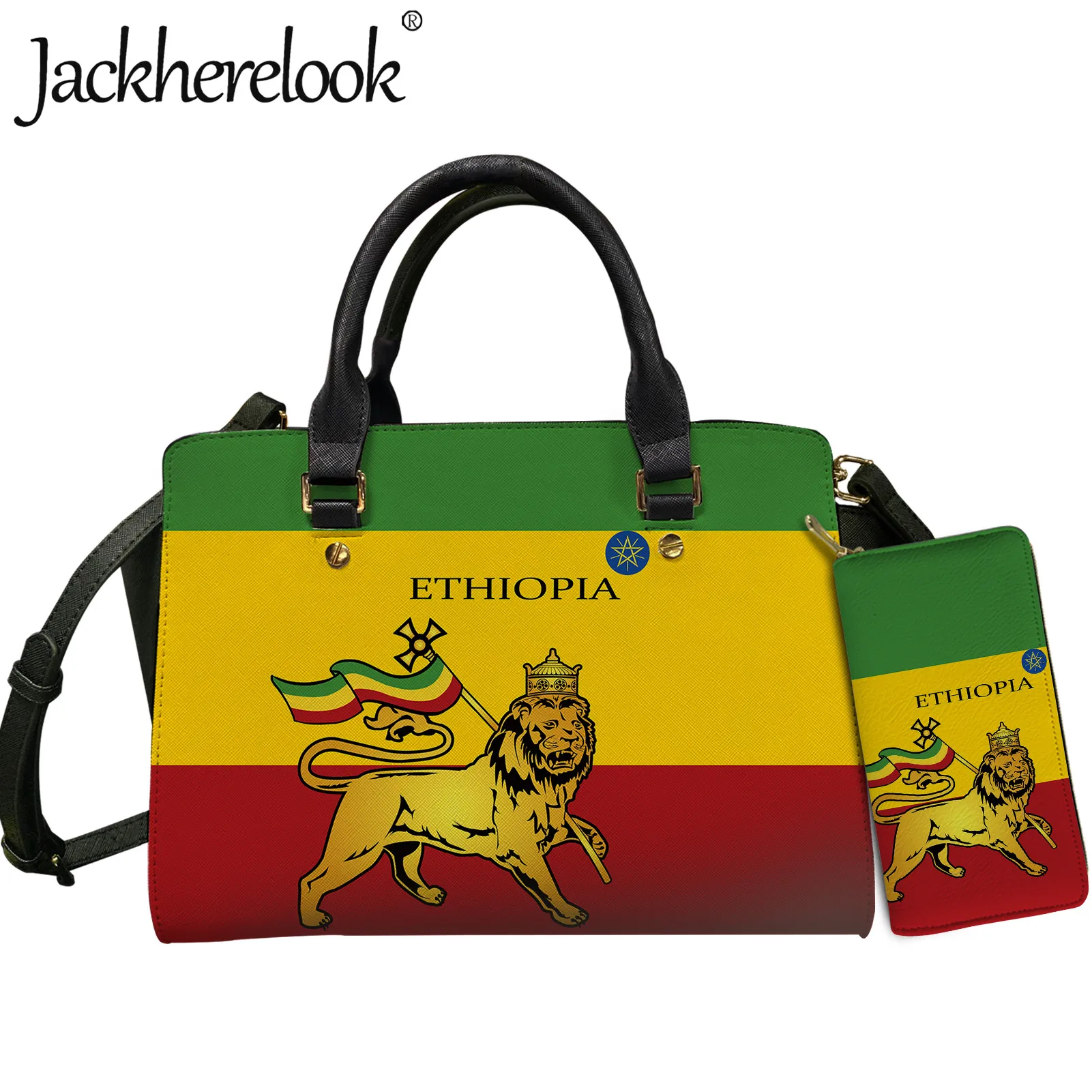 

Jackherelook Ethiopia Flag Lion Print Female Shoulder Bag with Hasp Women Leather Crossbody Bag 2Pcs/Set Tote Handbag&Wallet