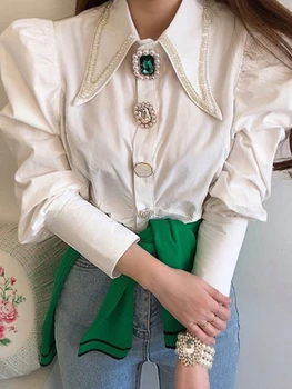 Circyy Women Shirts French Vintage Blouse Spring Button Up Shirt Pointed Collar Long Puff Sleeve Pearl Button Slim White Tops 1