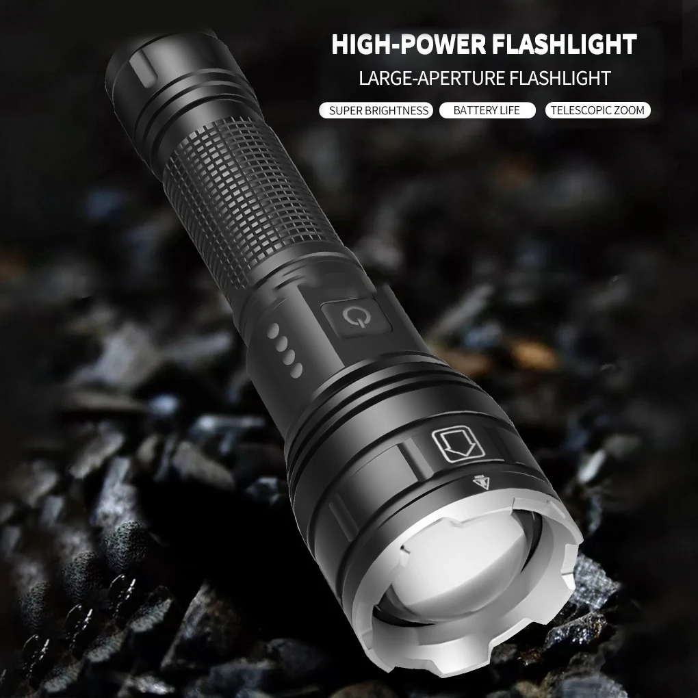 

XHP70 Flashlight Brightness Torch Lantern Battery Telescopic Modes Aluminum Camping Emergency Hunting 118650Battery