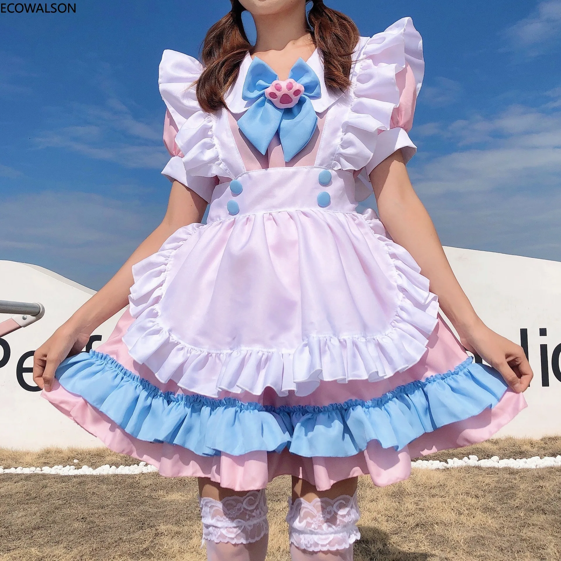 

Women Maid Outfit Anime Cute Cat Pink Blue Lace Trim Apron Cat paw Lolita Dresses Cosplay Costume Full set plus size 4XL