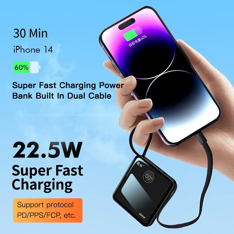 Zime Power Bank 20000mAh Built-in Charging Cables 22.5W Fast Charging Powerbank Portable Battery Charger for iPhone 14 13 Xiaomi