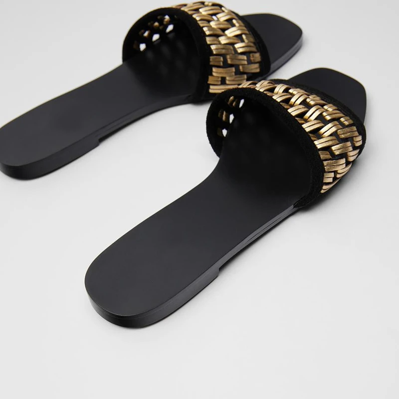 

Sandals Woman Summer 2022 Brand High Quality Ladies Sexy Black Sandals Fashion New Golden Woven Square Toe Beach Slippers Female