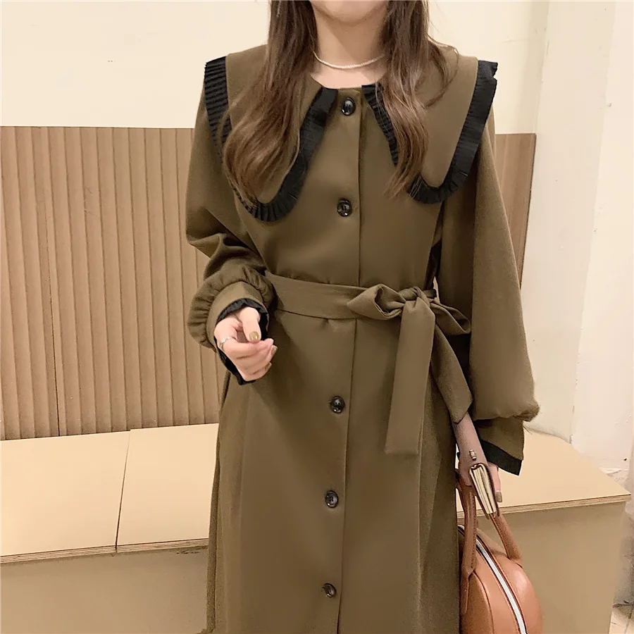 

Temperament Robe Femme Fashion Maxi Dresses Women Sweet Peter Pan Collar Vintage Vestidos Mujer Double-breasted Lace Up Dress