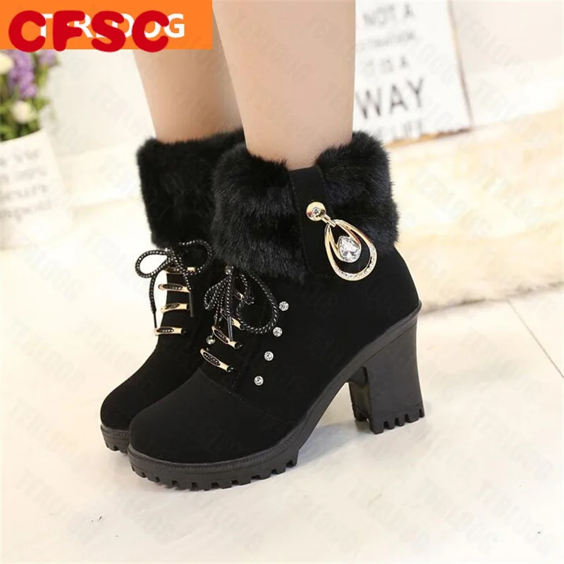 

2022 New Winter Women High Heels Shoes Warm Non-slip Block Cow Suede Warm Snow Boots Fashion Designer Crystal Plush Goth Botass