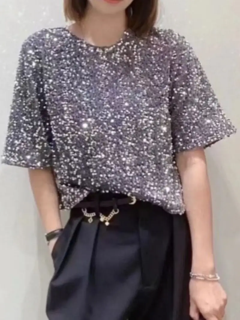 

Women T-Shirt Sequin Decoration Short Sleeve O-Neck Female Fashion Pullover