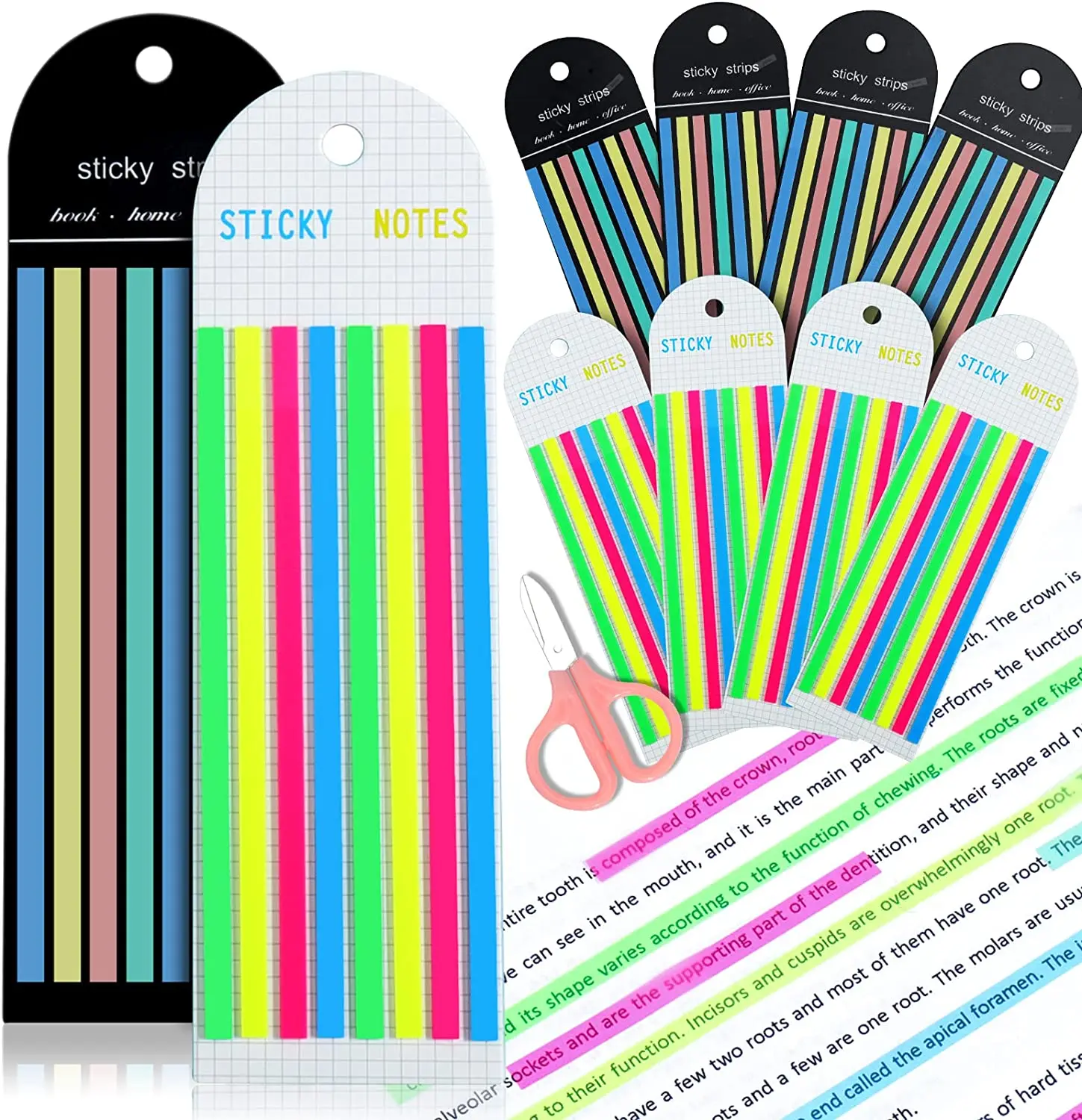 1280Pcs Transparent Highlighter Tape, Removable Sticky Tabs for Annotating Books, Long Strips Page Markers Tabs with Scissor,