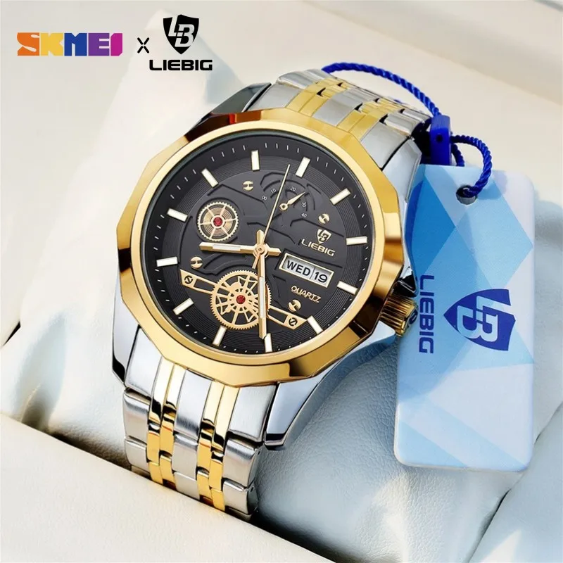 

2023 New Watch For Men Quartz Movement Golden Top Brand Luxury Stainless Steel Strap Date Week Wristwatch Clock relogio masculin