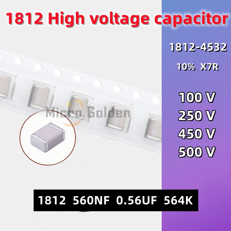 

(10pcs) 1812 SMD Ceramic Capacitor 560NF 564K 0.56UF 100V/250V/450/500V 10% X7R 4532 High Voltage Non-polarity Capacitance MLCC