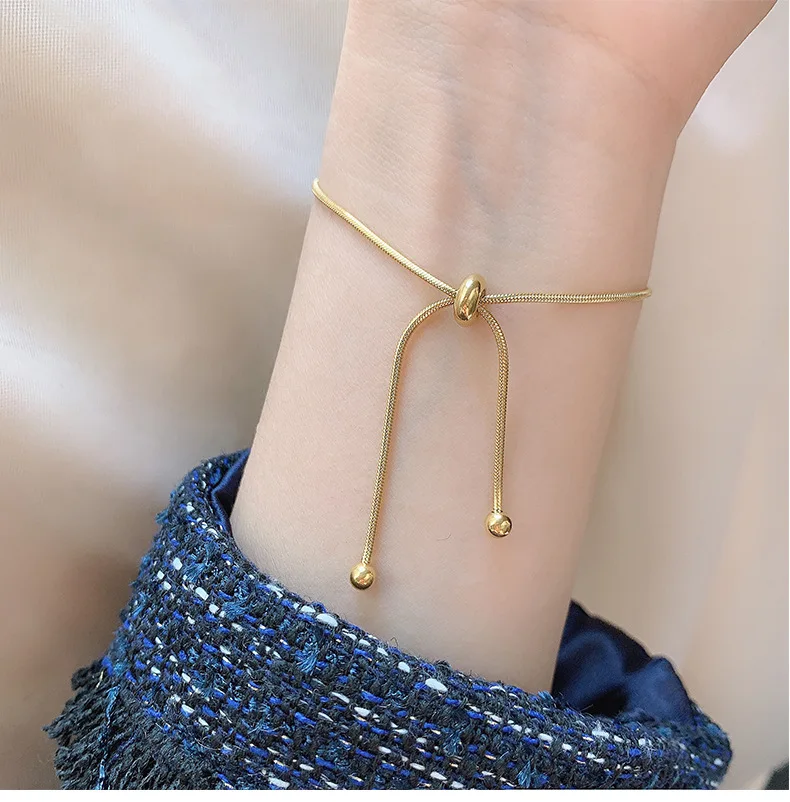 

Simple Design Stainless Steel Pull-out Adjustable Bracelet Gold Color Snake Chain Bangle for Women Girl Men Beads Jewelry Gift