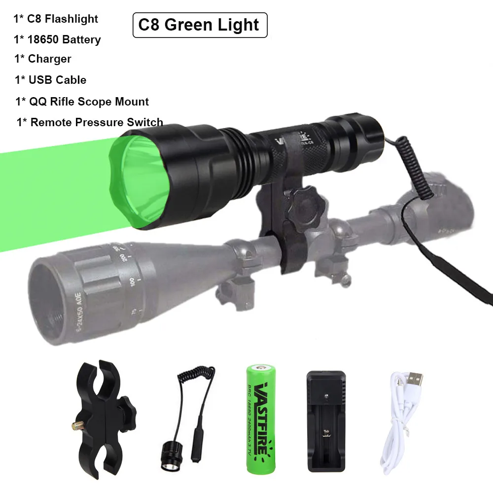 

LED Tactical Flashlight Set Green Hunting Light Torch 950nm/850nm Night Vision IR Flashlight Lantern 18650 Battery Gun Mount
