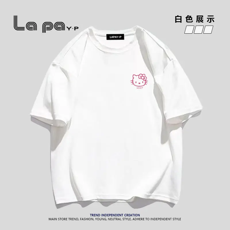 Sanrio Original Cotton Anime Hello Kitty Summer Kitty Cat Head Print T-Shirt for Women with Sleeves Raglan Sleeves Loose Short